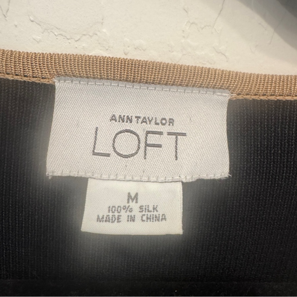 Ann Taylor LOFT Cardigan Womens Medium Black Tan Trim Silk Button Front Capsule - Picture 4 of 5
